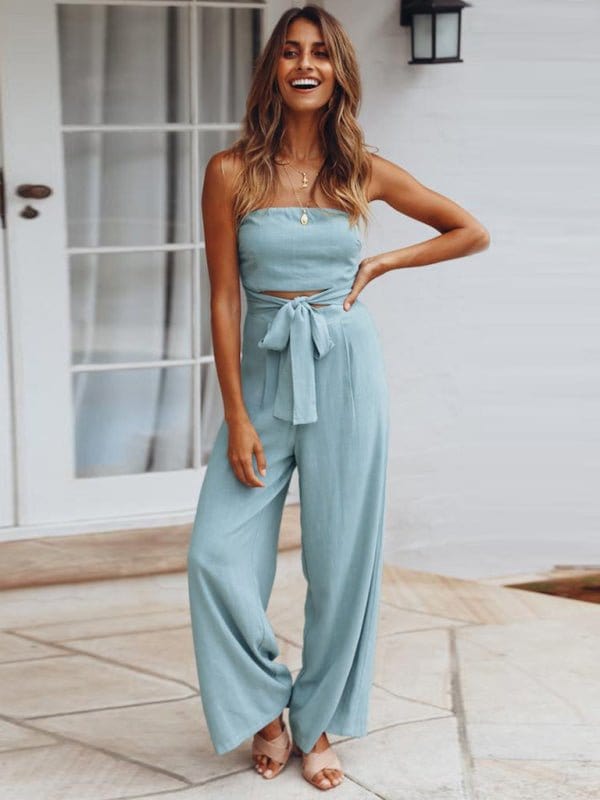 Strapless Tie-waist Jumpsuit Green / S