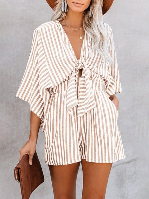 Striped Front Tying Romper