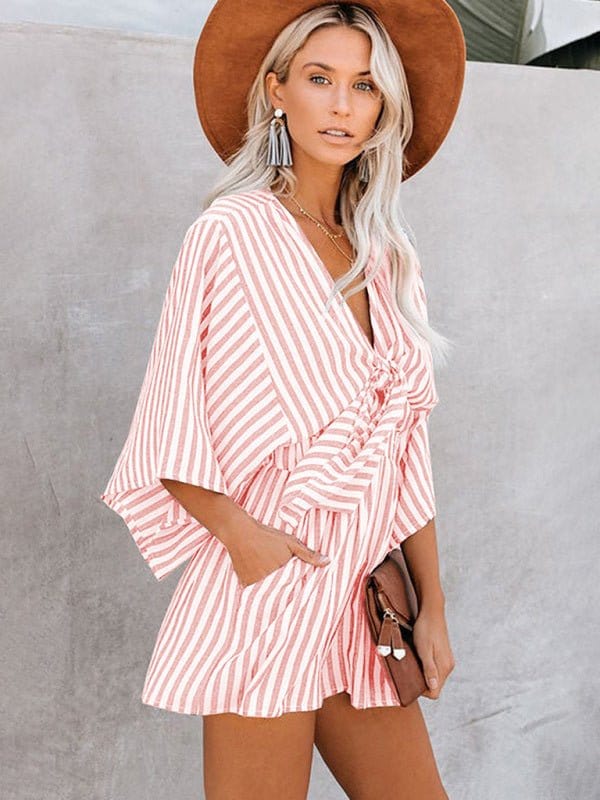 Striped Front Tying Romper