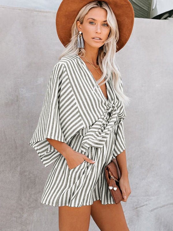 Striped Front Tying Romper