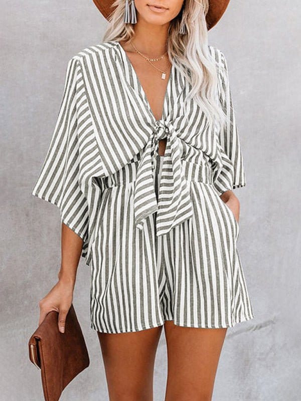 Striped Front Tying Romper Black / S