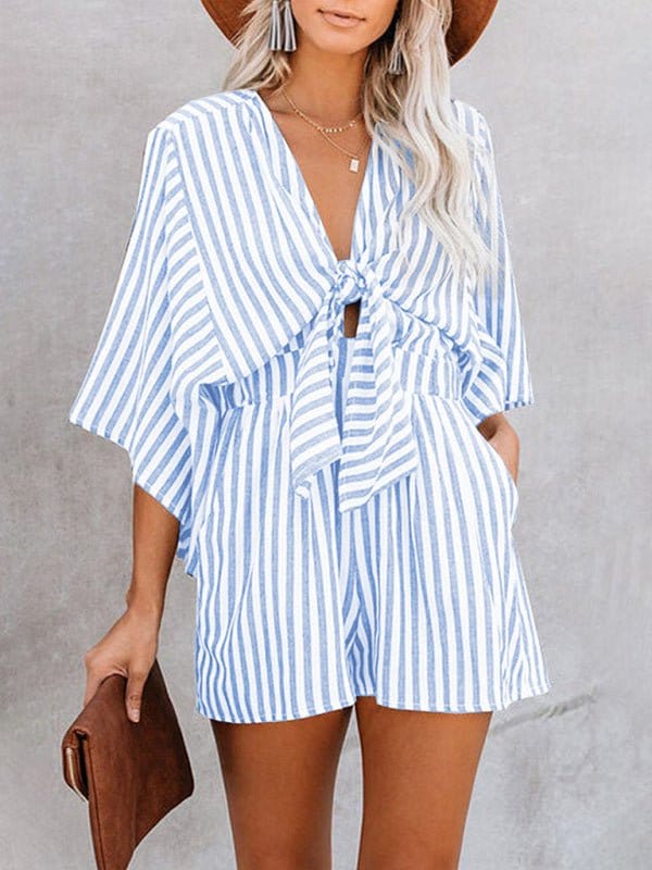 Striped Front Tying Romper Clear blue / S