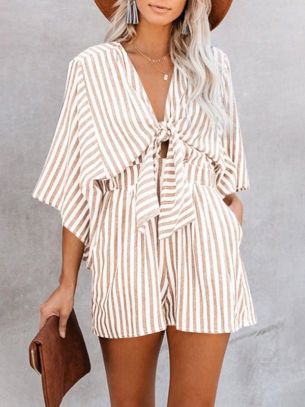 Striped Front Tying Romper Khaki / S