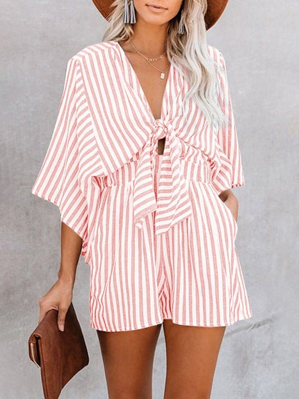 Striped Front Tying Romper Pink / S