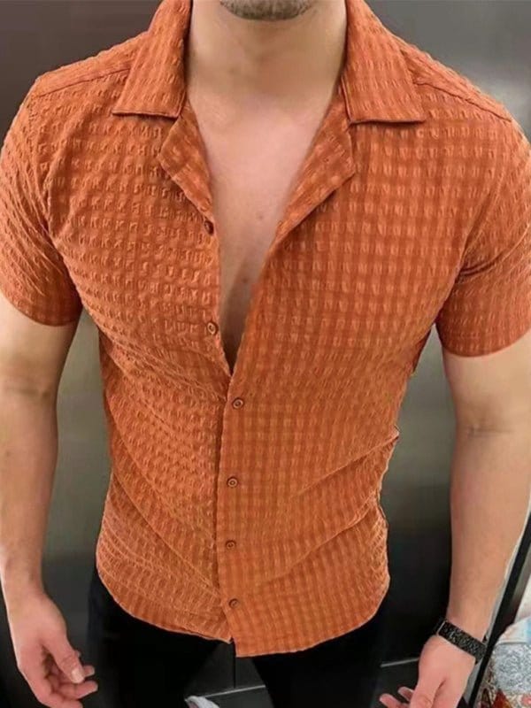 Textured Short Sleeve Button-Down Shirt Orange / M