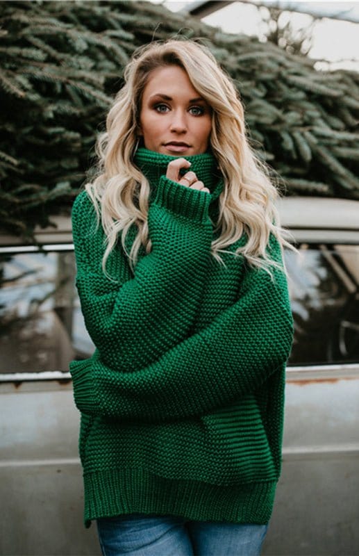 Thick Knit Oversize Turtle Neck Sweater Green / S