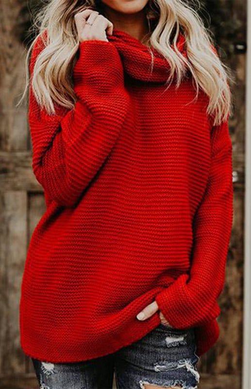 Thick Knit Oversize Turtle Neck Sweater Red / S