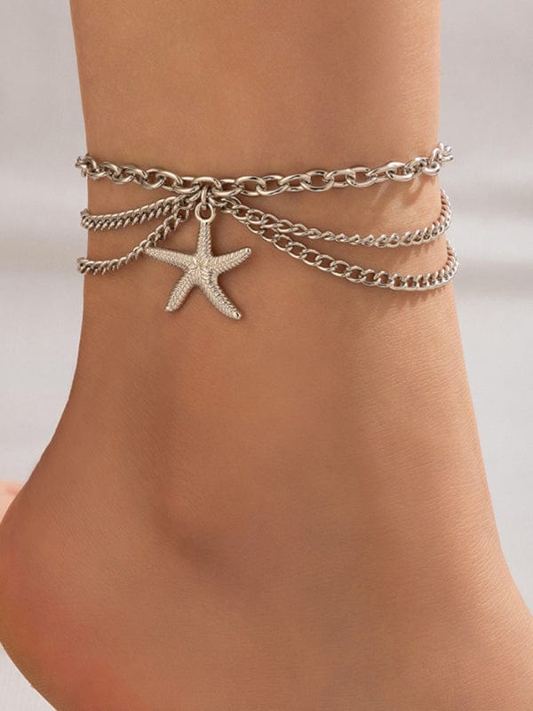 Three-Layer Chain Anklet Silver Starfish / One Size