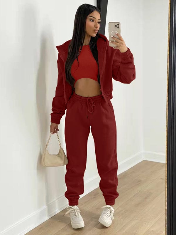 Three-Piece Fleece Set Wine Red / S