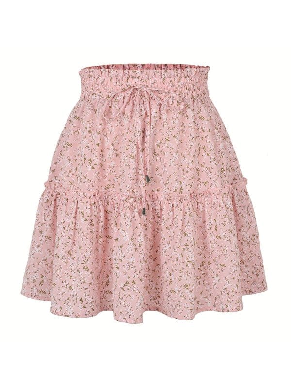 Tiered Ruffle Tie Mini Skirt Pink print / S