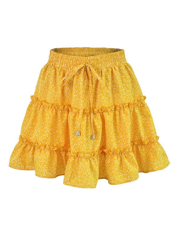 Tiered Ruffle Tie Mini Skirt Yellow dots / S