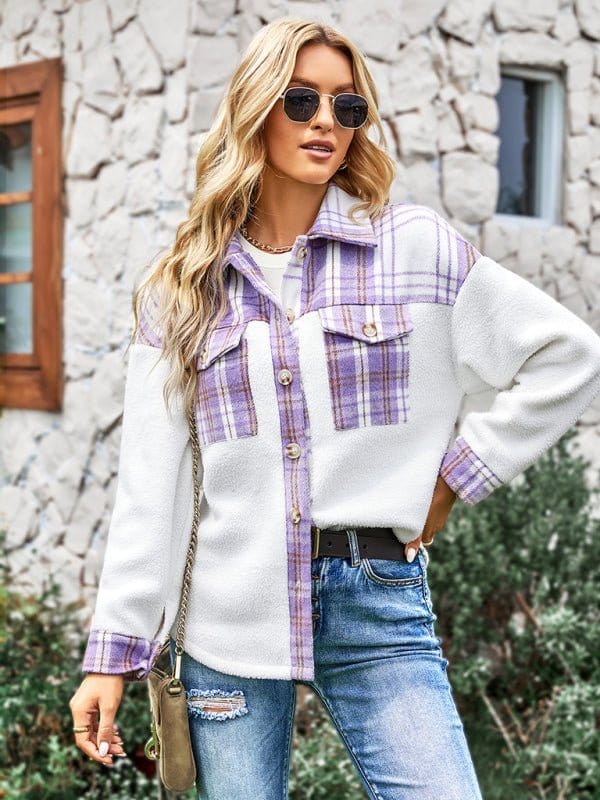 Two Tone Plaid Coat Purple / S