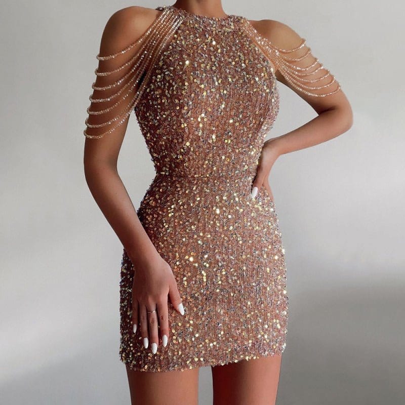 Unique Sequined Bodycon Dress Pink / S