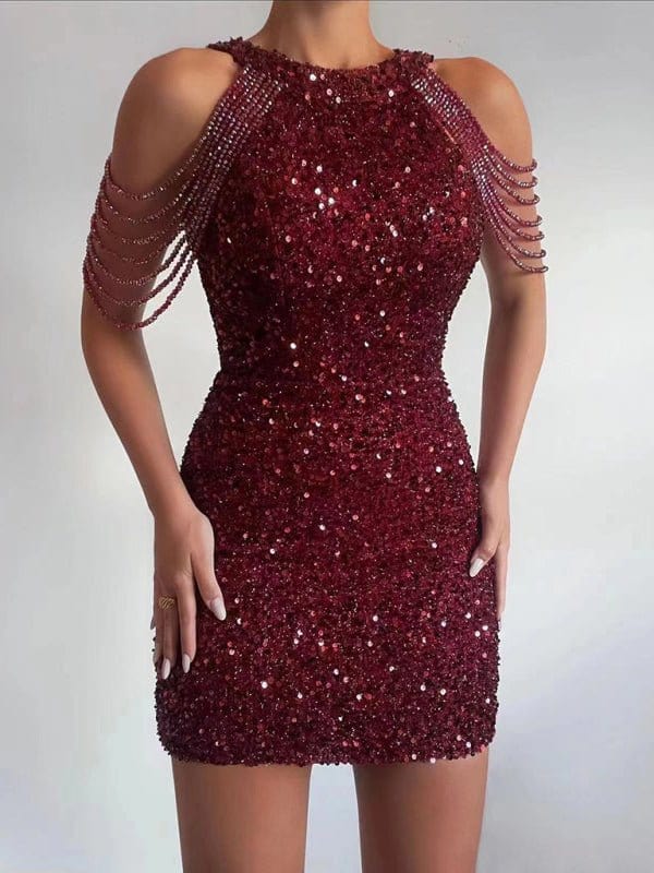 Unique Sequined Bodycon Dress Wine Red / S