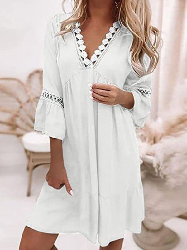 V-neck Lace Bohemian Dress White / S