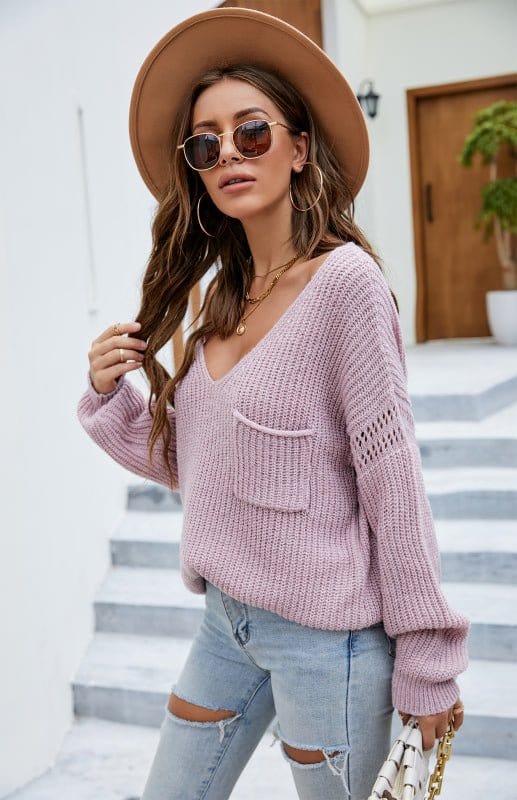 V-Neck Pocket Cold Shoulder Sweater