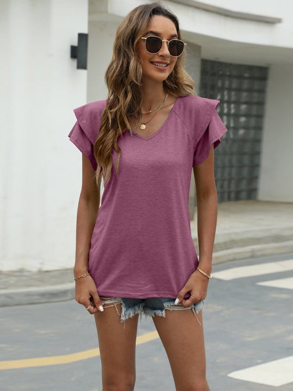 V-neck Ruffled Sleeve Tee