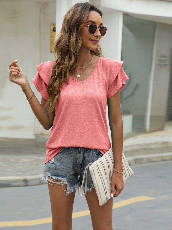 V-neck Ruffled Sleeve Tee Pink / S