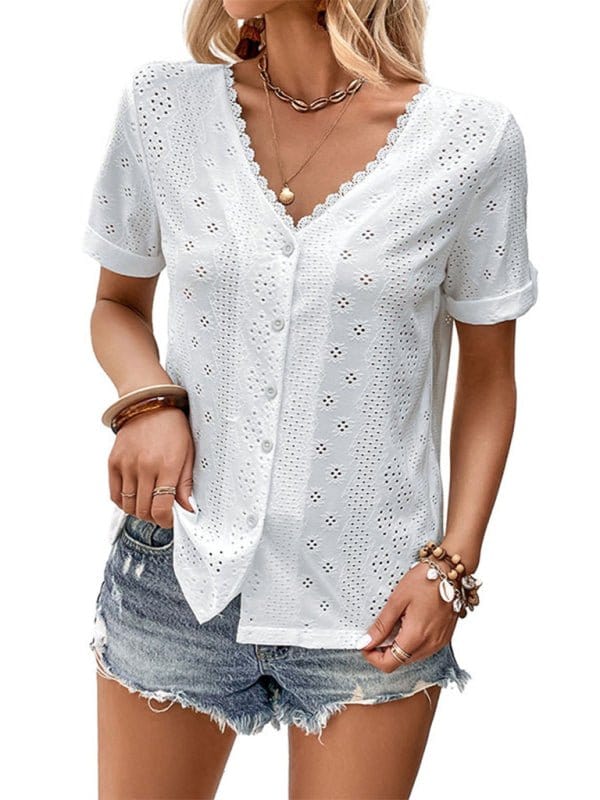 White Lace Eyelet V-Neck Blouse