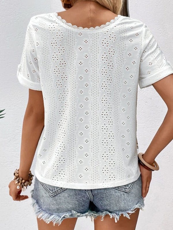 White Lace Eyelet V-Neck Blouse